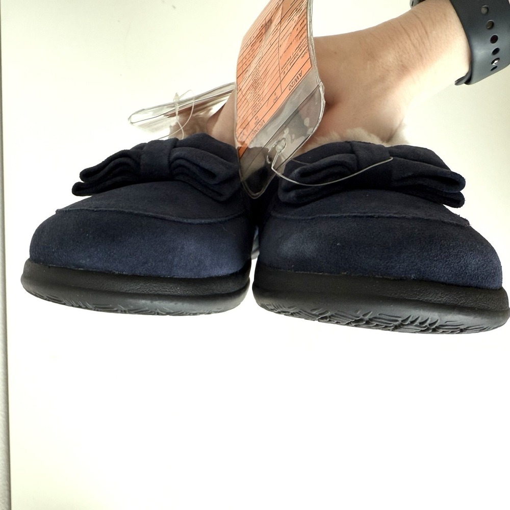 Vionic Lucile Suede Slippers Womens 7 Blue White Shearling Cozy Comfy Winter Bow - Picture 5 of 7